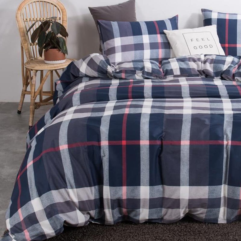 CLOTHKNOW Navy Blue Plaid King Size Comforter Set 3Pcs Tartan Bedding Comforter Sets Soft Blue White Grey Red Comforter with 2 x Pillow Cases - Image 3